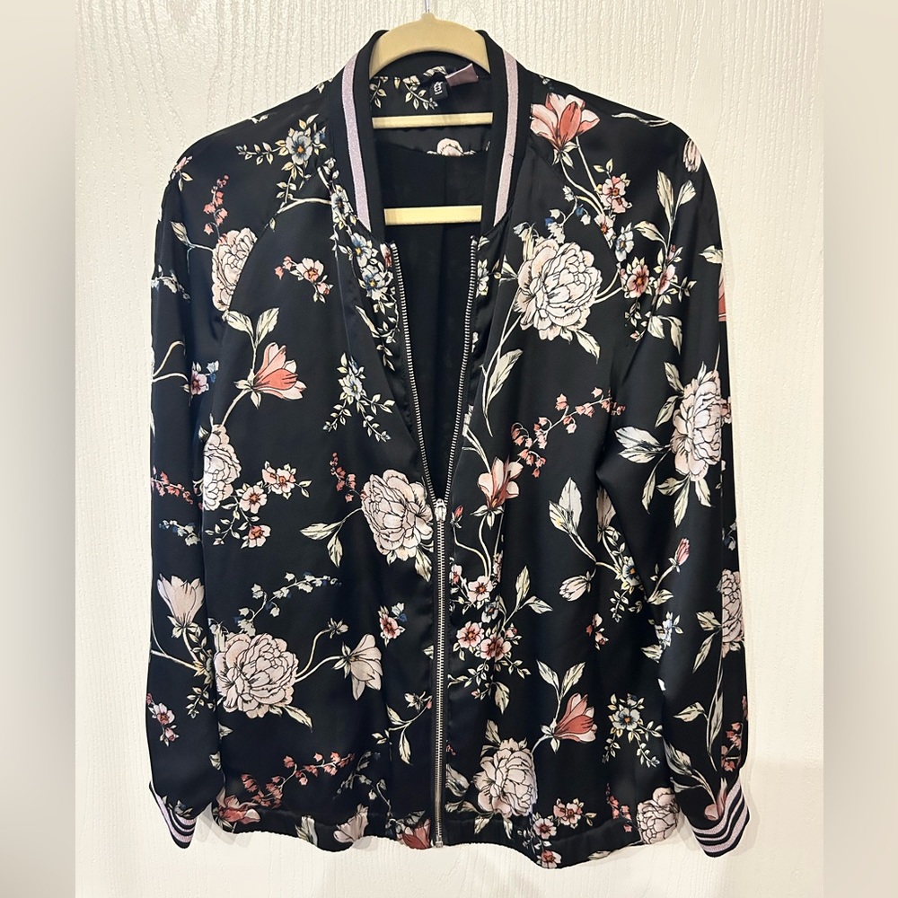 Black Floral Satin Zippered Jacket